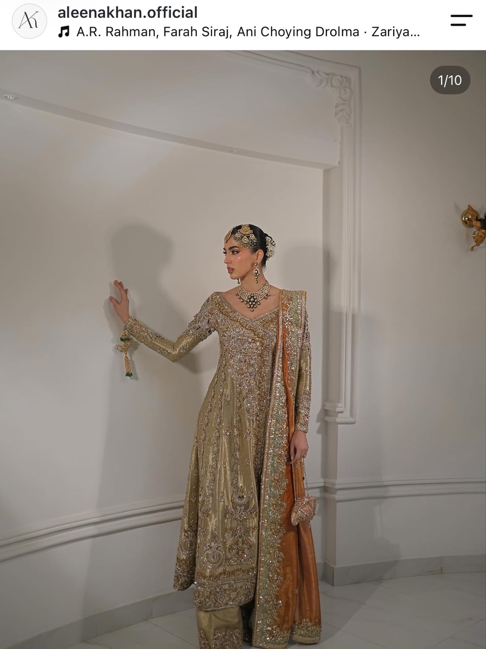 Aleena Khan Embellished Gold Bridal Anarkali Shilwar Kameese with Orange Dupatta